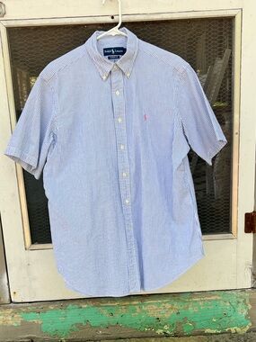 Ralph Lauren Men’s Blue & White Striped Short Sleeve Seersucker Shirt